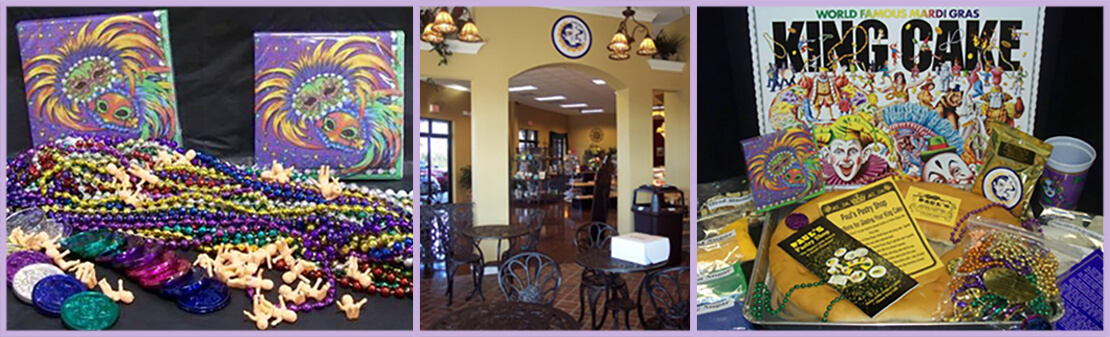 Image of Mardi Gras souvenirs and king cake package