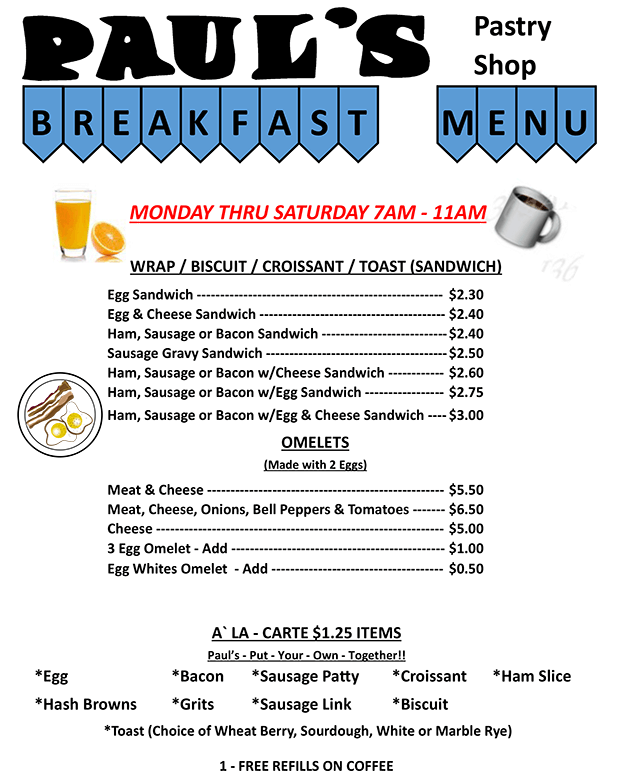 Cafe Menu & Specials Paul's Pastry Shop