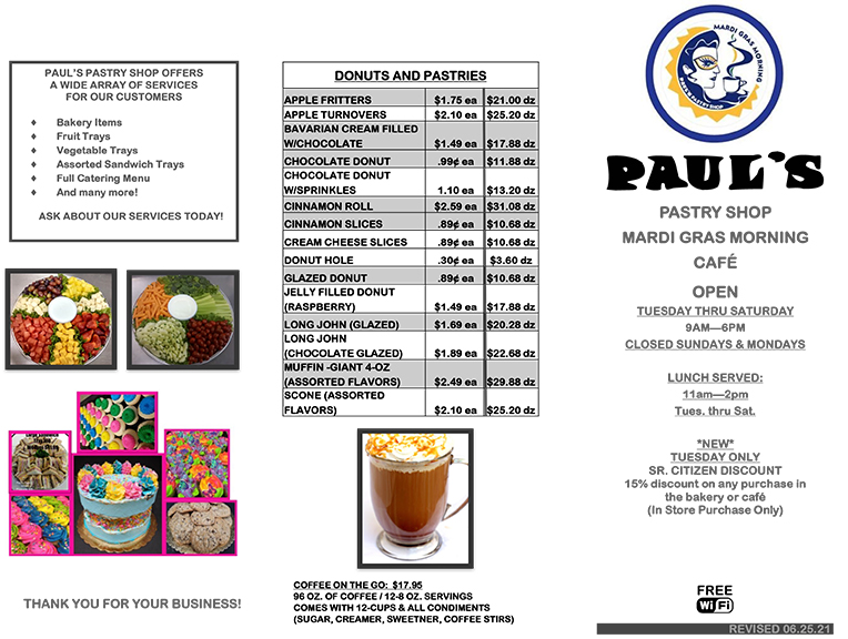 Cafe Menu & Specials Paul's Pastry Shop